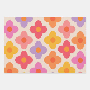 Retro Farbige Hippie Mod Blumen Muster  Geschenkpapier Set