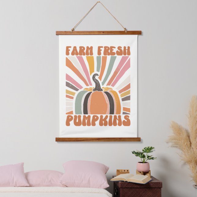 Retro Farm Fresh Pumpkins Wandteppich Mit Holzrahmen (Schlafzimmer)