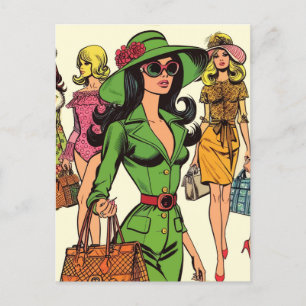 Retro Fashion Girls Comic Postkarte