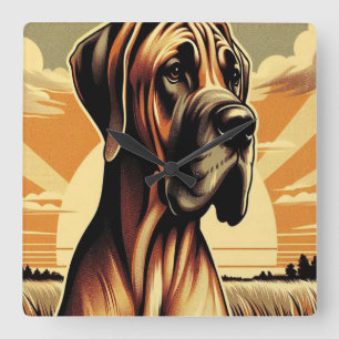 Retro Fawn Great Dane Yellow Brown Black Artwork Quadratische Wanduhr