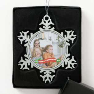Retro-Feiertags-Personalisierter Foto-Schmuck - Ch Schneeflocken Zinn-Ornament
