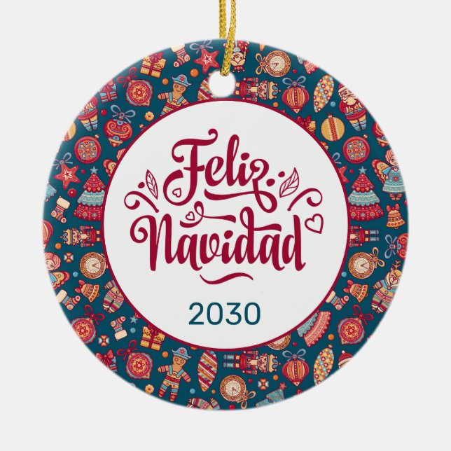 Retro Feliz Navidad Personalisiert Keramik Ornament (Vorne)