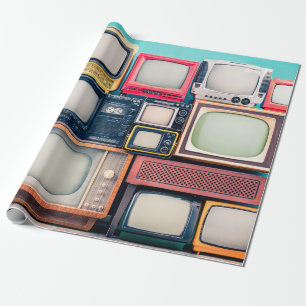 Retro-Fernsehempfänger-Set aus den 60er, 70er und Geschenkpapier