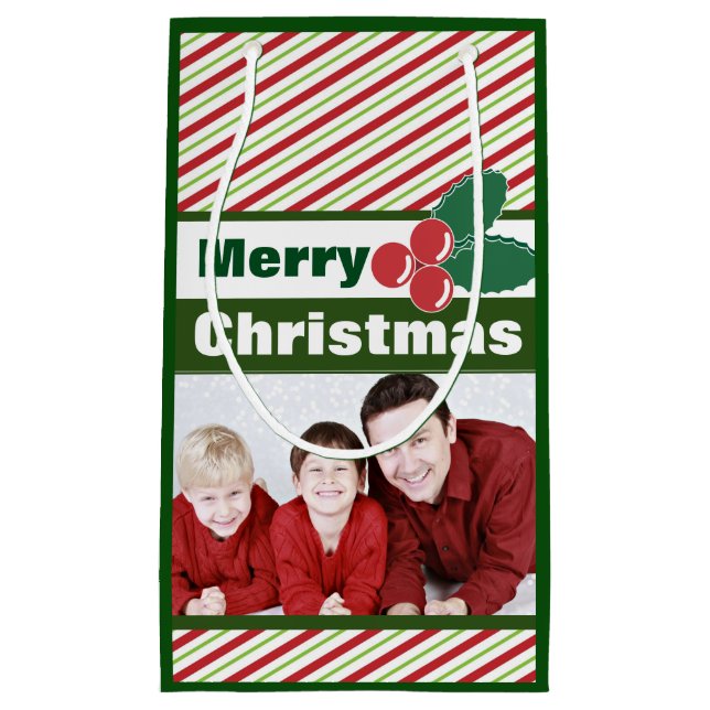Retro Festive Stripes und Holly Custom Foto Kleine Geschenktüte (Vorderseite)