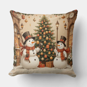 Retro-festiver Schneemann und Weihnachtsbaum Kissen
