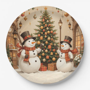 Retro-festiver Schneemann und Weihnachtsbaum Pappteller