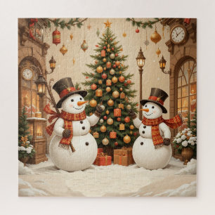 Retro-festiver Schneemann und Weihnachtsbaum Puzzle