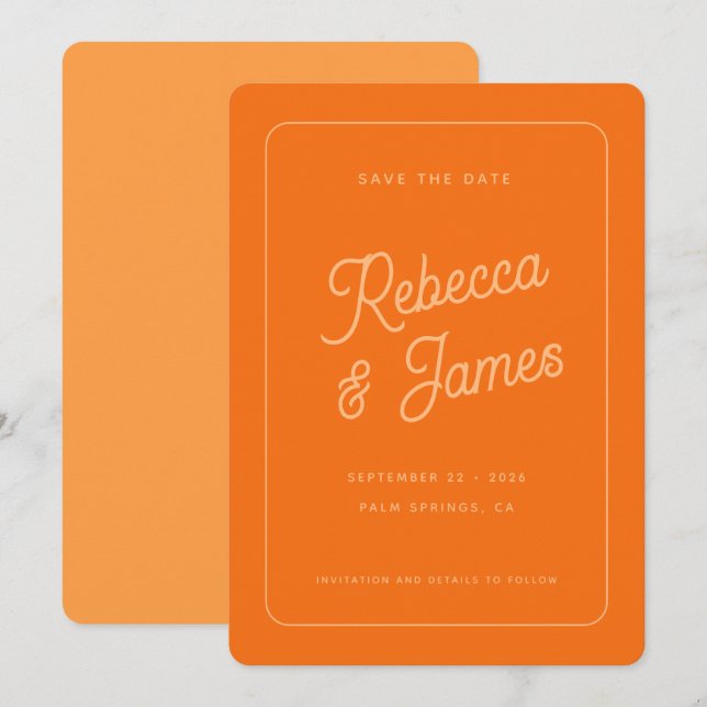 Retro Fette Orange-Typografie-Rahmen-Hochzeit Save The Date (Vorne/Hinten)