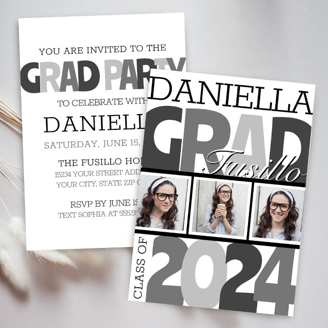 Retro Fettgewebtes Schwarz-Weiß-Grad-Party Einladung (Modern Bold Oversized Retro Photo Reel Graduation Announcement for Grad Party Invitation)