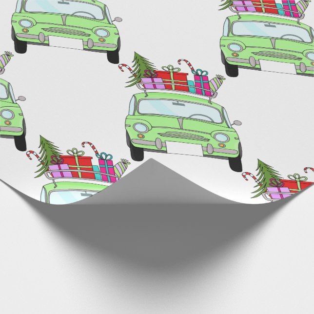 Retro Fiat 500 mit Weihnachtsgeschenken Geschenkpapier (Ecke)