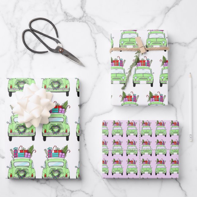 Retro Fiat 500 mit Weihnachtsgeschenken Geschenkpapier Set (Vorderseite)