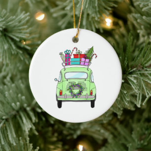 Retro Fiat 500 mit Weihnachtsgeschenken Keramik Ornament