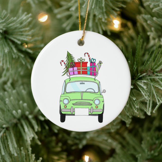 Retro Fiat 500 mit Weihnachtsgeschenken Keramik Ornament (Baum)