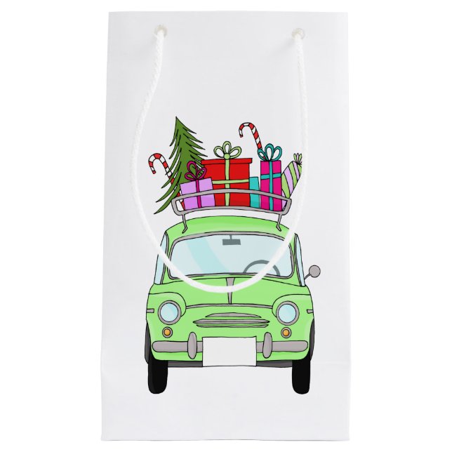 Retro Fiat 500 mit Weihnachtsgeschenken Kleine Geschenktüte (Vorderseite)