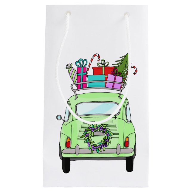 Retro Fiat 500 mit Weihnachtsgeschenken Kleine Geschenktüte (Vorderseite)