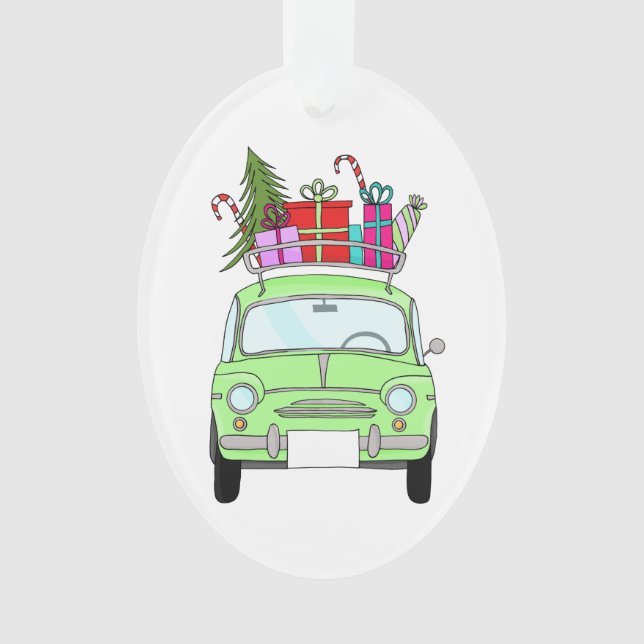 Retro Fiat 500 mit Weihnachtsgeschenken Ornament (Vorderseite)