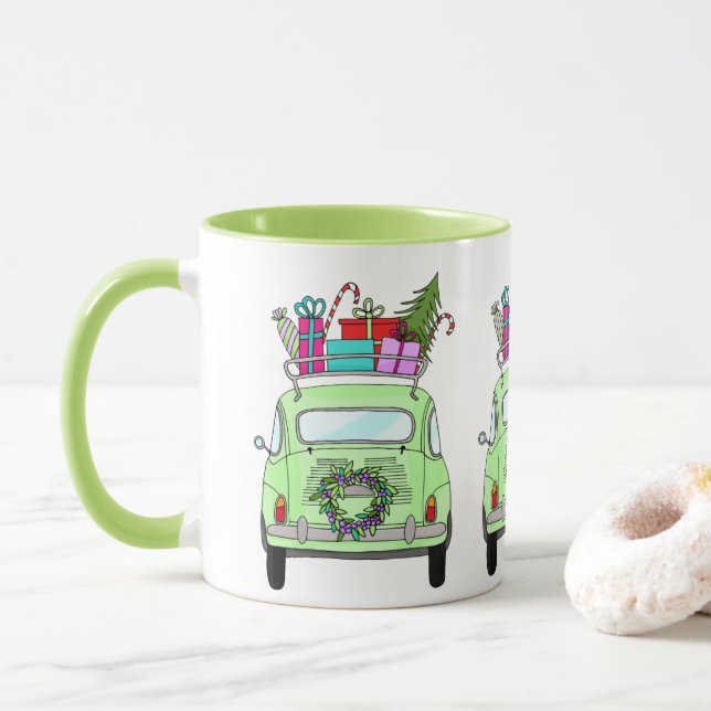 Retro Fiat 500 mit Weihnachtsgeschenken Tasse (Mit Donut)