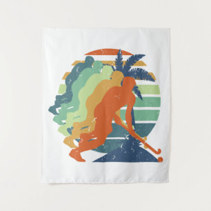 Retro Field Hockey Game Player, Field Hockey Sport Wandteppich