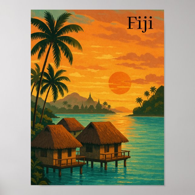 Retro Fiji Tropical Ocean Bungalows Sunset View Poster (Vorne)