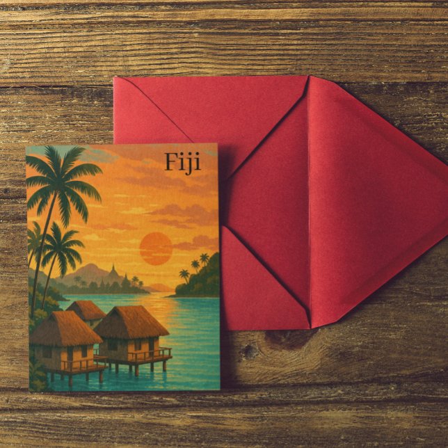 Retro Fiji Tropical Ocean Bungalows Sunset View Postkarte (Retro Fiji Tropical Ocean Bungalows Sunset View Postcard)