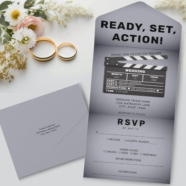 Retro Film Clap Board Gray Wedding All In One Einladung (Retro Movie Film Clap Board Grey Wedding All In One Invitation)