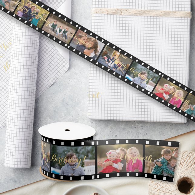 Retro Film Strip Benutzerdefiniertes Foto Geburtst Satinband (Retro Film Strip Custom Photo Birthday Gift Wrap Satin Ribbon)