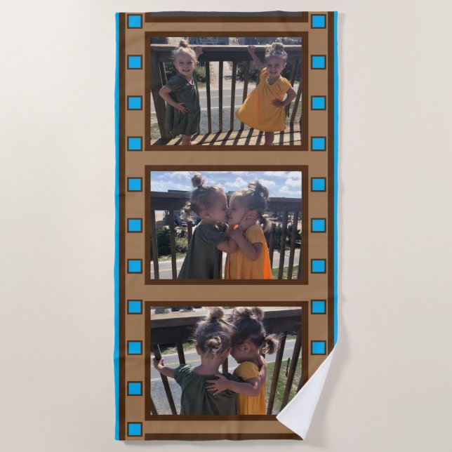 Retro-Filmstreifen bis zu 3 Fotos blau hinzufügen Strandtuch (Vorderseite)