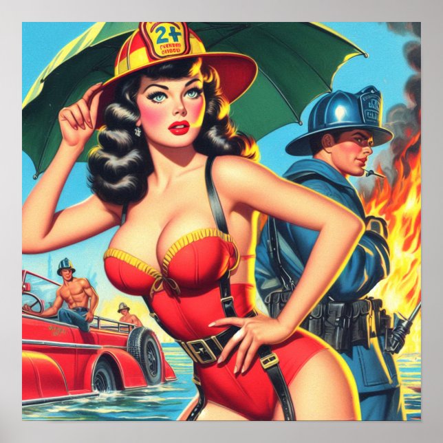 Retro Firefighter Girl Poster (Vorne)