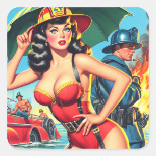Retro Firefighter Girl Quadratischer Aufkleber
