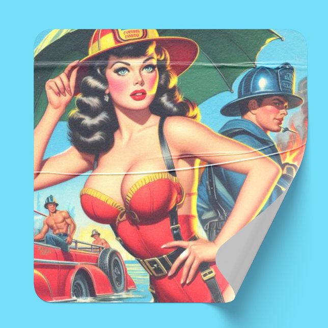 Retro Firefighter Girl Quadratischer Aufkleber (Von Creator hochgeladen)