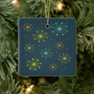Retro Fireworks Sternexplosionen Dunkles blaues Mi Keramikornament