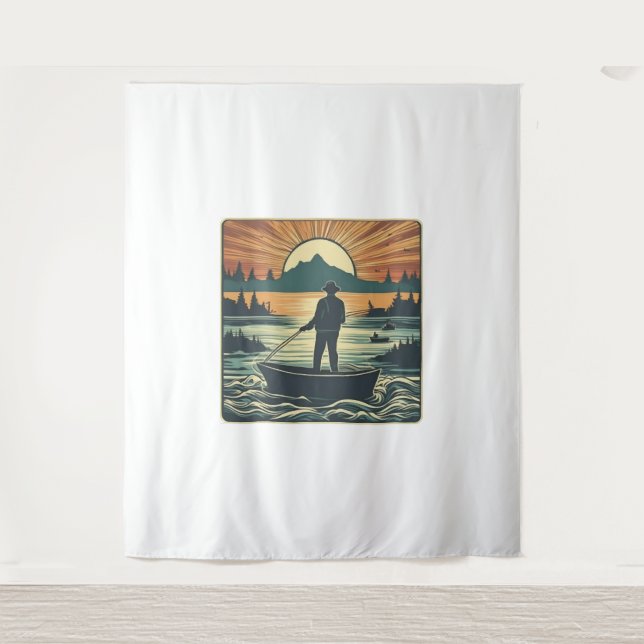 Retro-Fischerei Fisch Sunset Boote Wandteppich (Vorderseite)