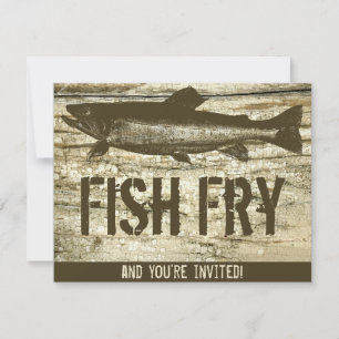 Retro Fish Fry Vintag Fish Food Wood Texture Art Einladung