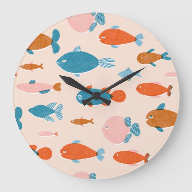 Retro Fish: Risograph Style Pattern Große Wanduhr (Vorderseite)