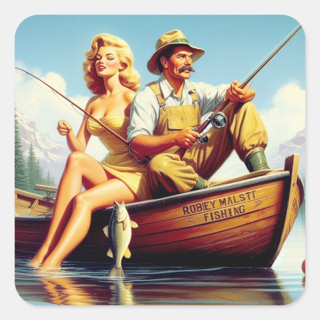 Retro FIshing Illustration Quadratischer Aufkleber (Vorderseite)
