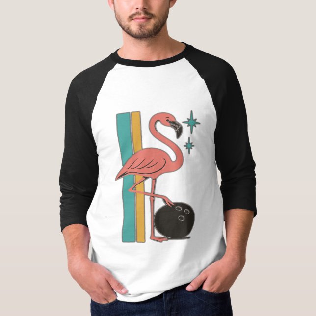 Retro-Flamingo-Bowling Midcentury-Kunst T-Shirt (Vorderseite)