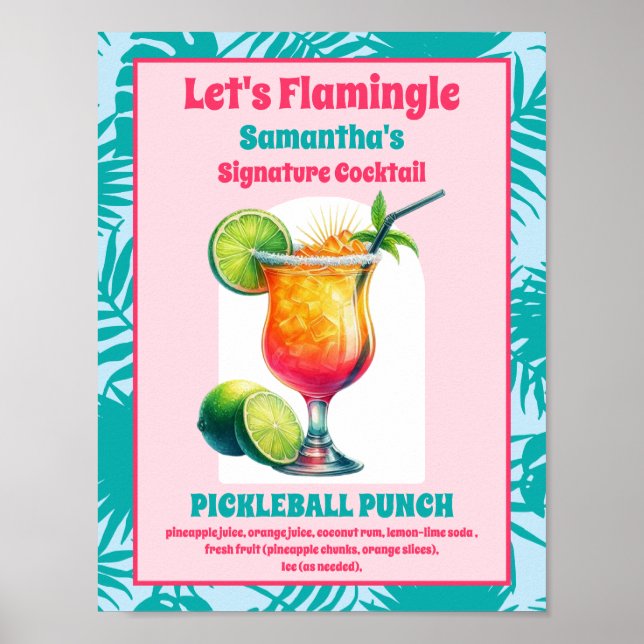 Retro Flamingo Pickleball Brautparty Cocktail Poster (Vorne)