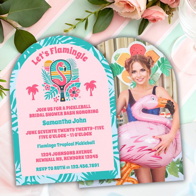Retro Flamingo Pickleball Brautparty Foto Einladung (Bridal Shower Invitation)