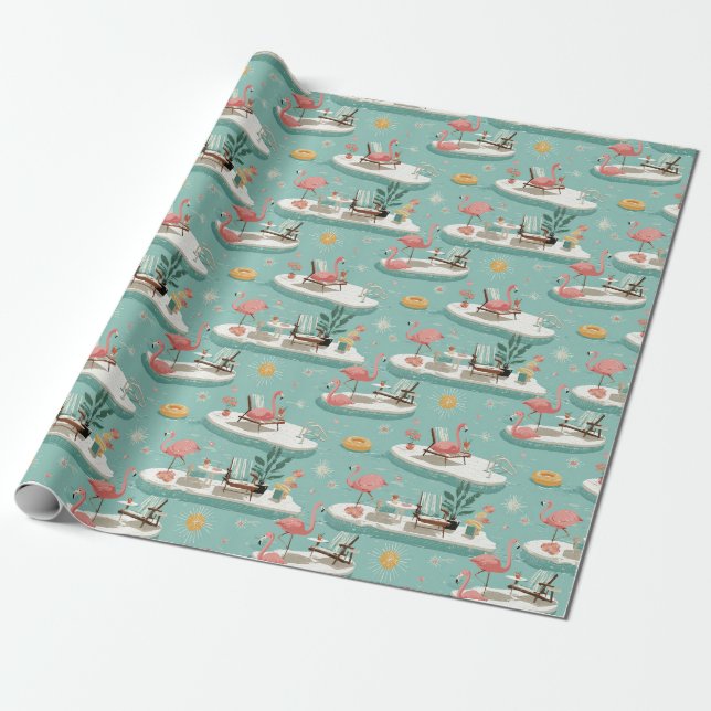 Retro-Flamingo-Pool-Side-Sommer-Muster (6) Geschenkpapier (Ungerollt)