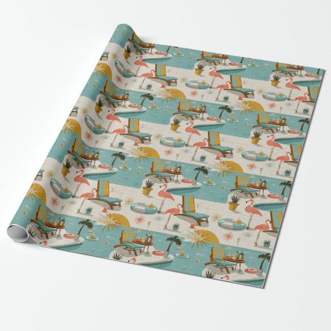 Retro-Flamingo-Poolside-Sommer-Muster (10) Geschenkpapier (Ungerollt)