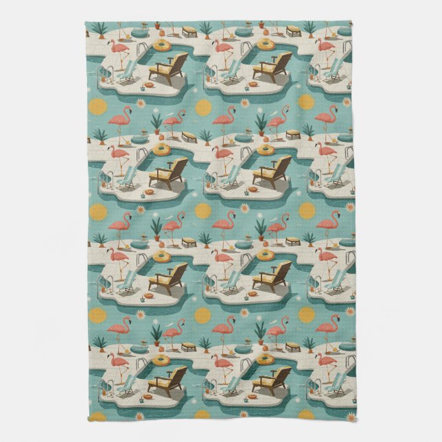 Retro-Flamingo-Poolside-Sommer-Muster (1) Geschirrtuch (Vertikal)