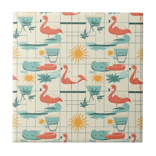 Retro-Flamingo-Poolside-Sommer-Muster (3) Fliese (Vorderseite)
