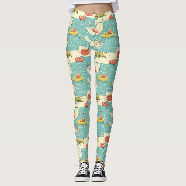 Retro-Flamingo-Poolside-Sommer-Muster (4) Leggings (Vorderseite)