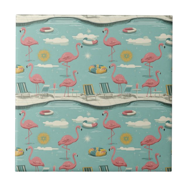 Retro-Flamingo-Poolside-Sommer-Muster (5) Fliese (Vorderseite)