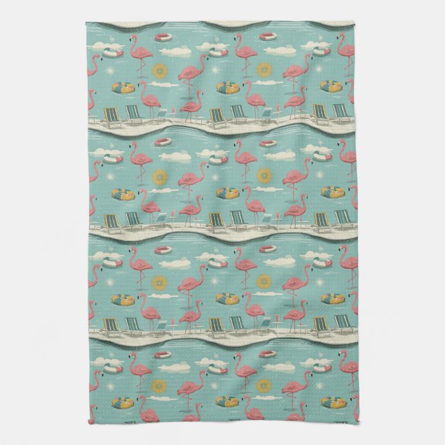 Retro-Flamingo-Poolside-Sommer-Muster (5) Geschirrtuch (Vertikal)