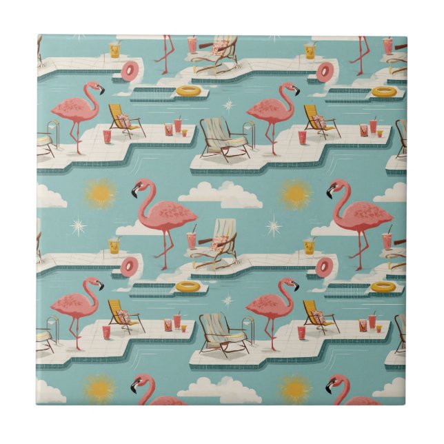Retro-Flamingo-Poolside-Sommer-Muster (6) Fliese (Vorderseite)
