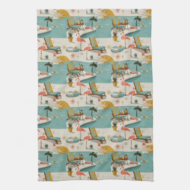 Retro-Flamingo-Poolside-Sommer-Muster (9) Geschirrtuch (Vertikal)