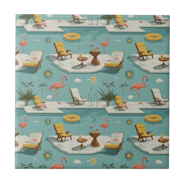 Retro Flamingo Poolside Summer Pattern (10) Fliese (Vorderseite)