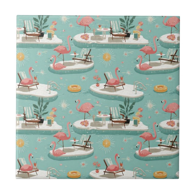 Retro Flamingo Poolside Summer Pattern (11) Fliese (Vorderseite)