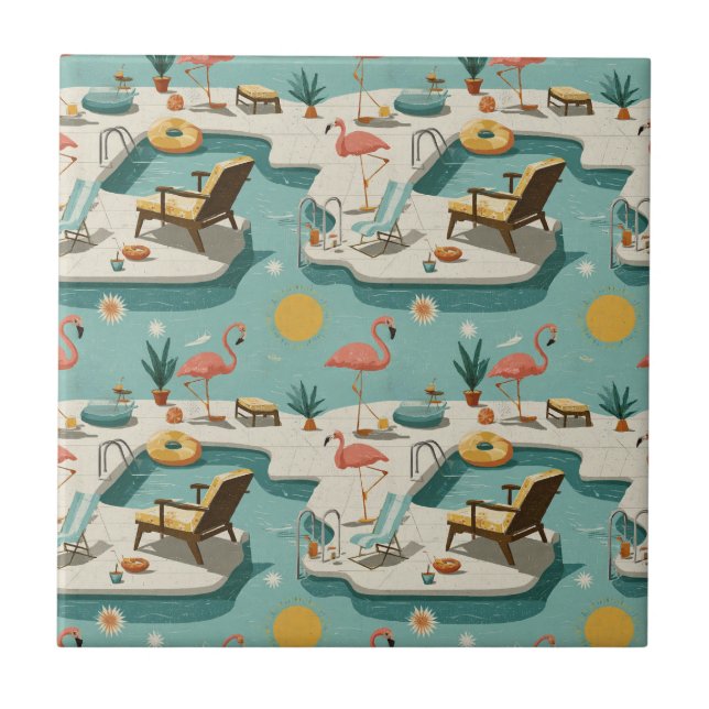 Retro Flamingo Poolside Summer Pattern (2) Fliese (Vorderseite)